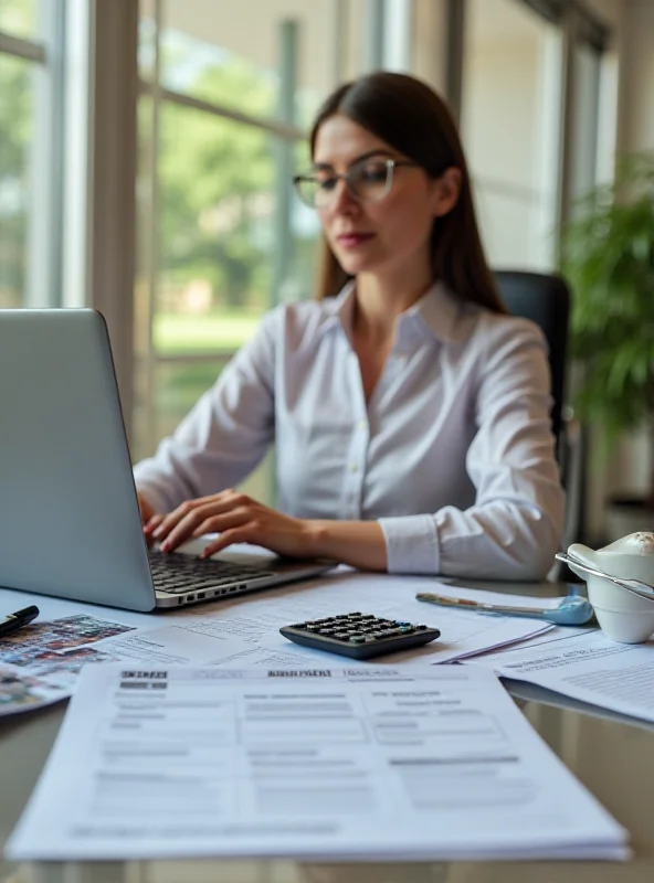A person sitting at a desk with a laptop, working on their taxes. The scene is brightly lit and organized, suggesting efficiency and preparedness.