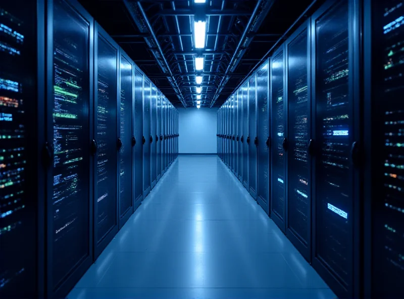 A futuristic data center with rows of servers and blinking lights, symbolizing the cutting-edge technology of Pure Storage.