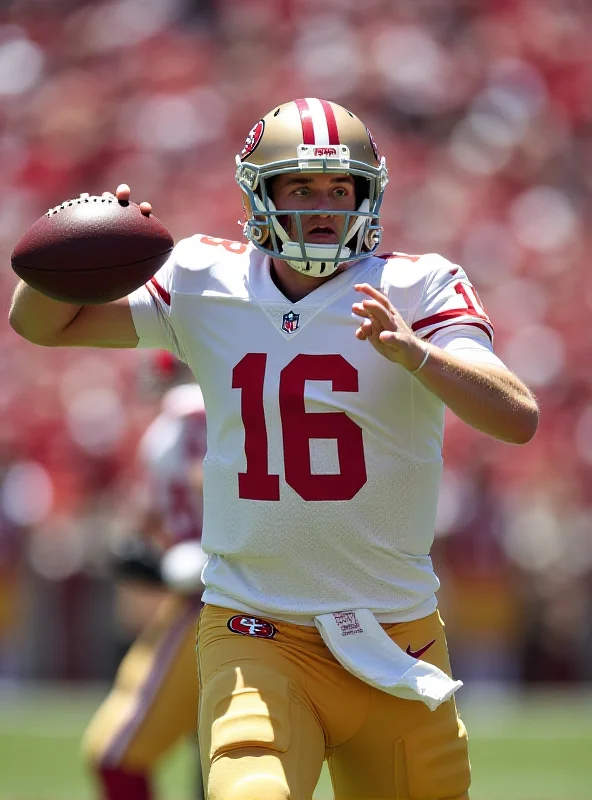 Brock Purdy in action, throwing a pass during a football game.