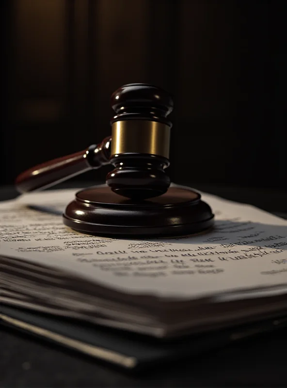 A gavel resting on a stack of legal documents in a dimly lit courtroom.