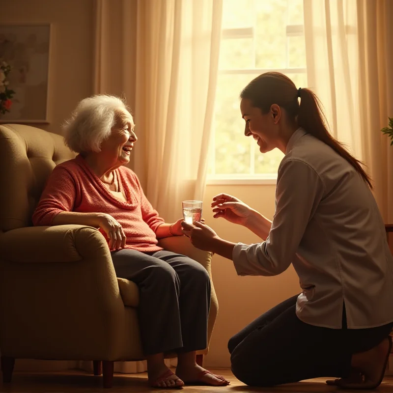 An elderly woman being assisted by a caregiver in her home. The scene is warm and inviting, with natural light streaming in through a window.