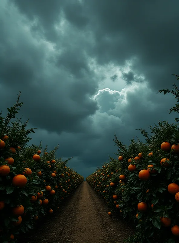 AI generated image of storm clouds over an orange grove, symbolizing the unexpected and unforeseen events that can drastically alter lives.