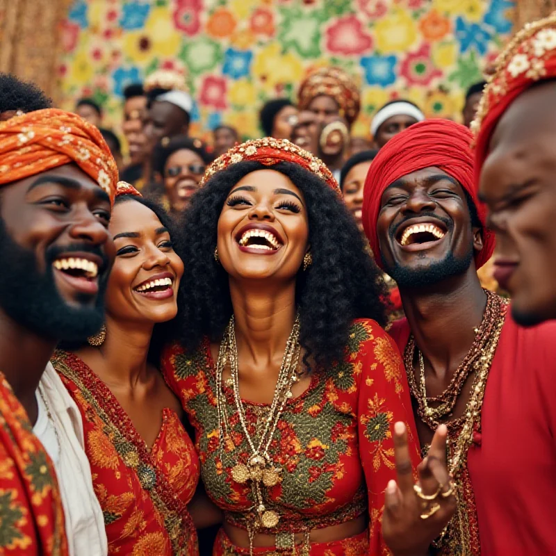 AI generated image of a diverse group of people from different cultures laughing and celebrating together, symbolizing the potential for unity and joy in a world where anything goes.