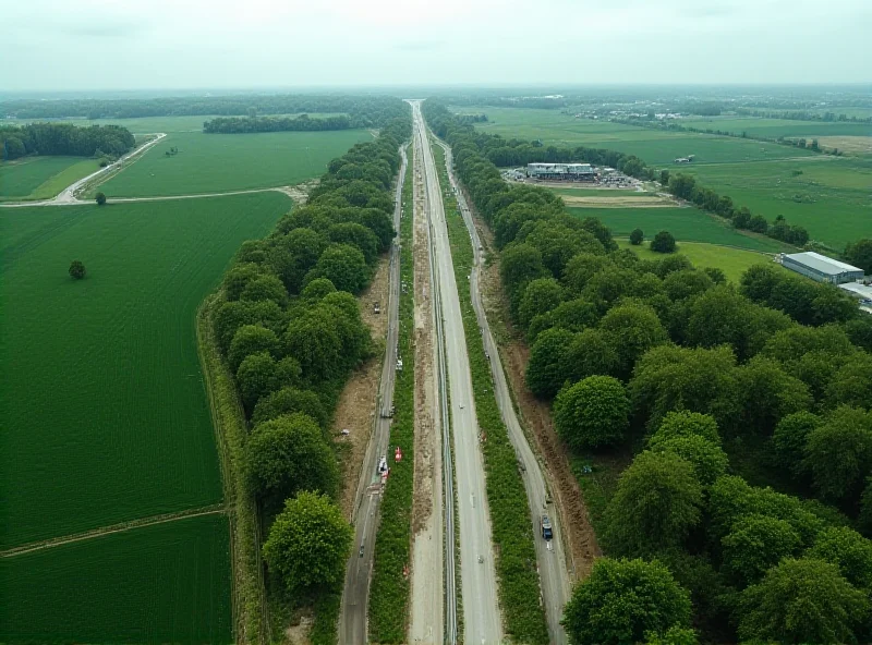 Aerial view of a partially constructed motorway cutting through a green landscape, with protest banners and signs visible. The sky is overcast.
