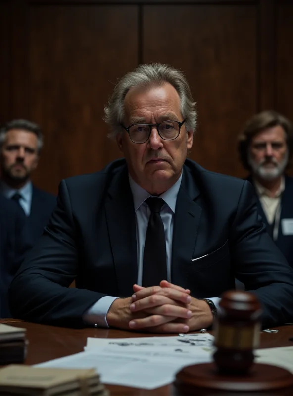 A courtroom scene with lawyers and a judge, focusing on the somber expression of the defendant (gendarme).