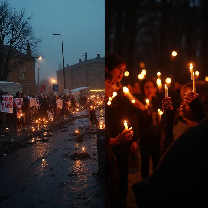 A split image showing a protest against the A69 motorway on one side and a candlelight vigil for the young man on the other, symbolizing the two events impacting Toulouse.
