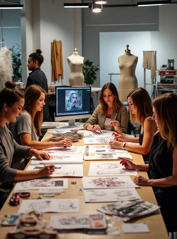 A diverse group of fashion designers collaborating in a modern design studio.