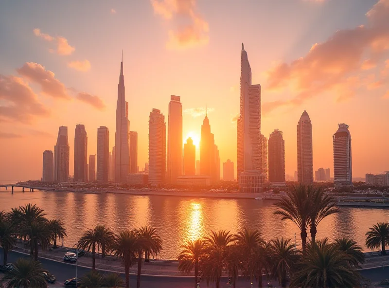 Panoramic view of Abu Dhabi skyline at sunset, showcasing modern architecture.