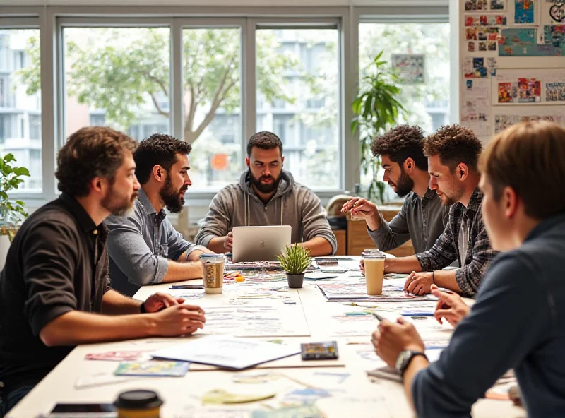 A diverse group of indie game developers brainstorming in a modern, collaborative workspace.