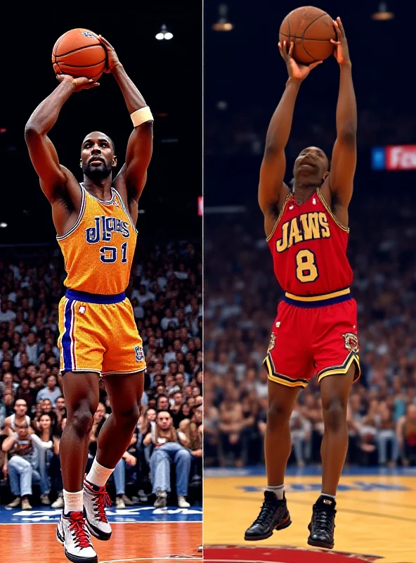 A split screen showing the original NBA Jam arcade game on one side and a modern, hypothetical NBA Jam remake on the other.