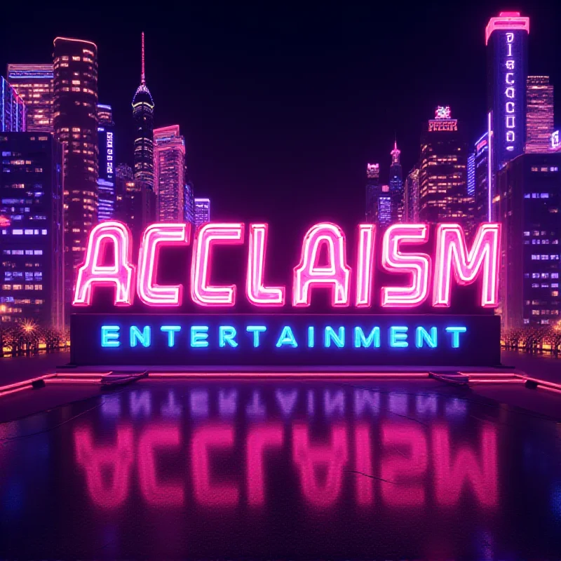 The Acclaim Entertainment logo with a retro, pixelated effect, superimposed on a vibrant, neon-lit cityscape.