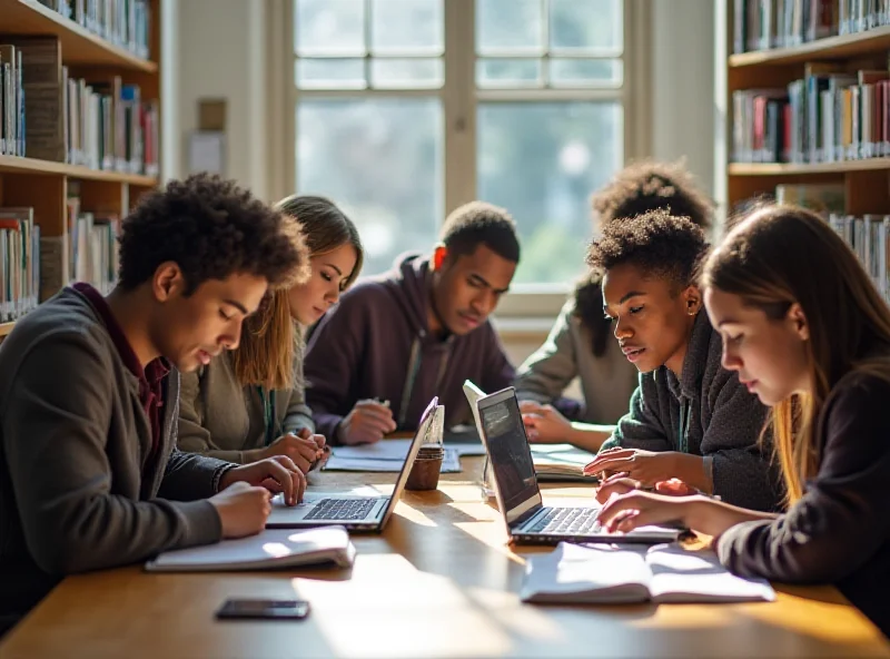 Students studying together for an exam in a brightly lit library, surrounded by books and laptops.