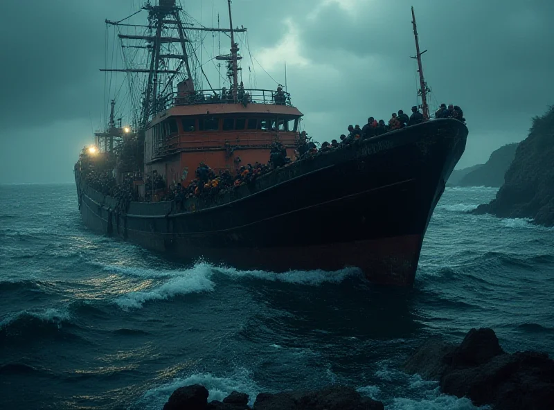 Distressed migrants clinging to a sinking ship in rough seas