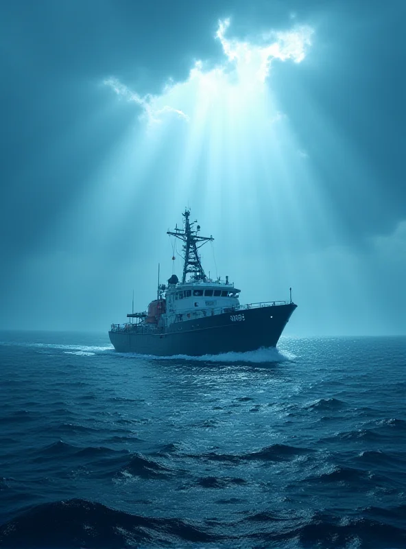 A Greek coast guard vessel at sea, with a dramatic sky in the background