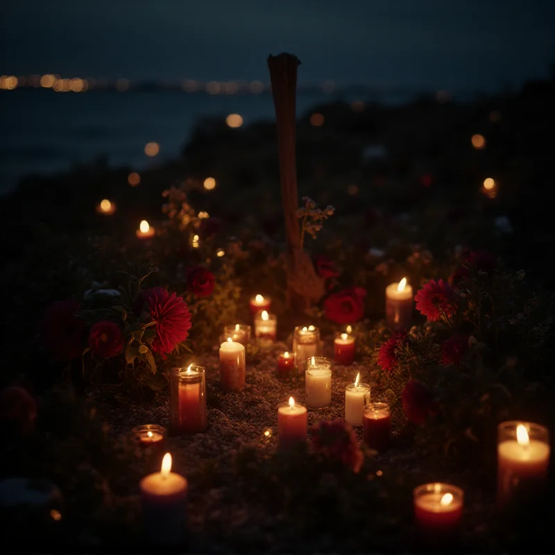 A photo depicting a memorial with flowers and candles for the victims of a shipwreck.