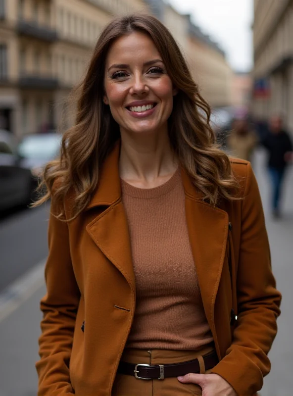 Close-up of a person wearing a stylish faux suede jacket in a light brown color. The person is smiling and appears confident. The background is blurred, suggesting a city street.
