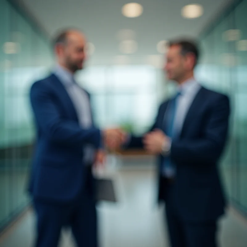 Two businessmen shaking hands in a modern office environment