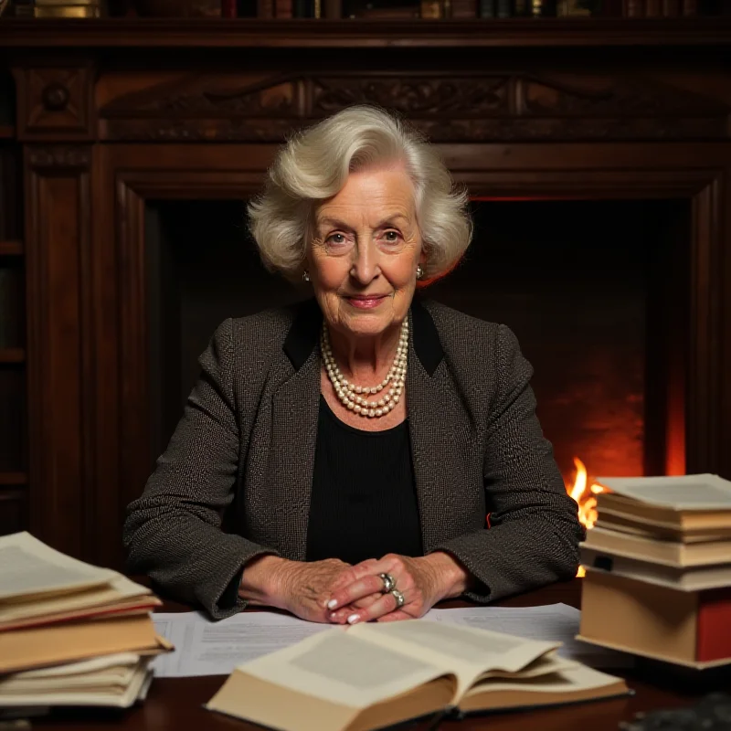 Agatha Christie sitting at a desk, writing a mystery novel.