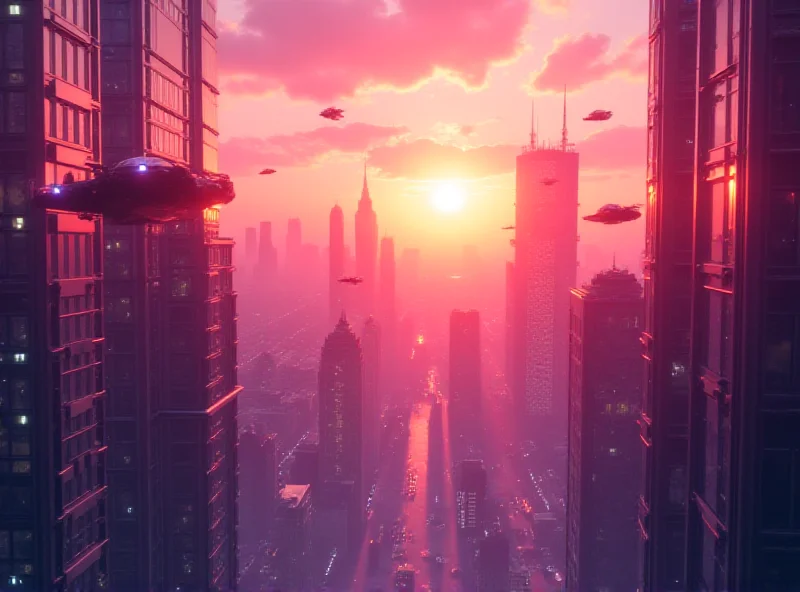 A futuristic, stylized video generated by AI, showing a vibrant cityscape at dusk with flying vehicles.