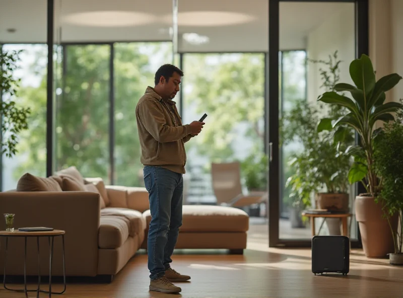 A close-up of a person speaking into a smart speaker, with a blurred background showing a modern living room.