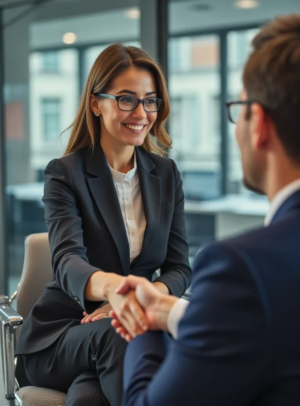 A confident job candidate shaking hands with an interviewer