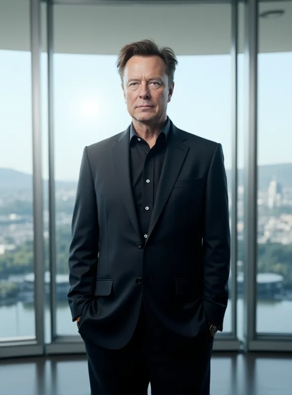 Elon Musk looking determined in a futuristic office.