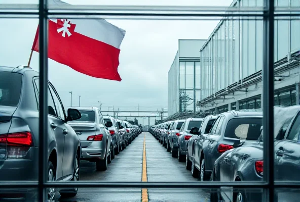 Slovakian flag waving in front of a car factory