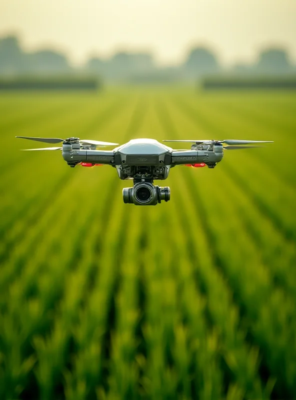 Drone flying over a farm field, analyzing crop health with sensors.