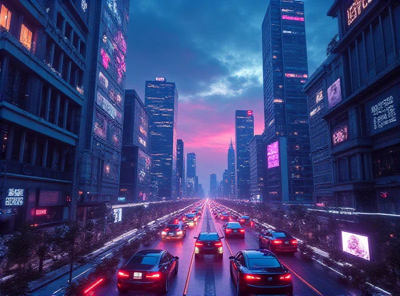A futuristic cityscape with flying cars and advanced technology, representing the potential benefits and risks of AI.