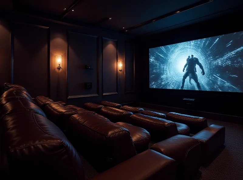 A luxurious home theater setup with a large screen, comfortable seating, and high-end audio equipment.