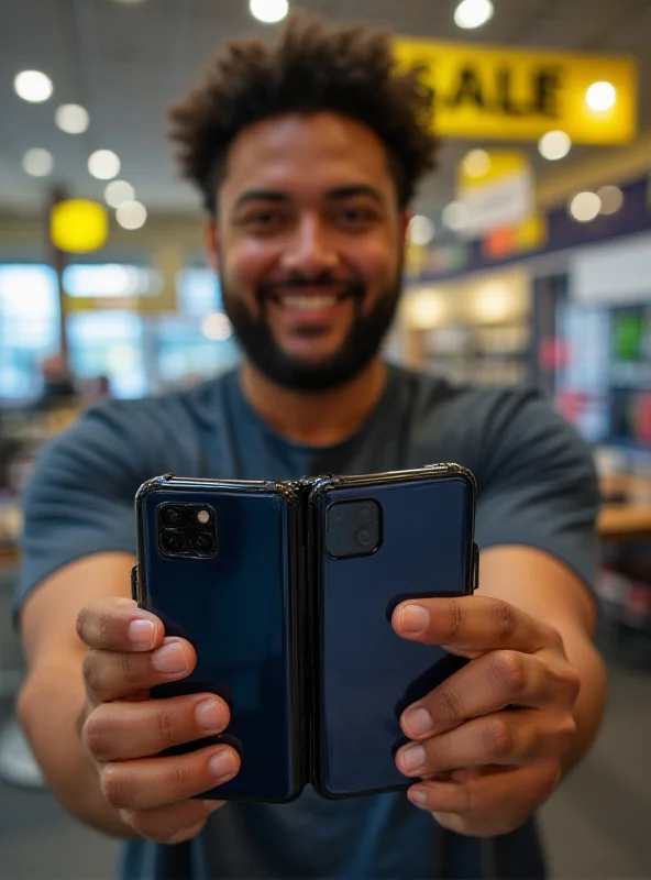 A person excitedly holding a newly purchased Google Pixel 9 Pro Fold from Best Buy, with a 'Sale' sign in the background.