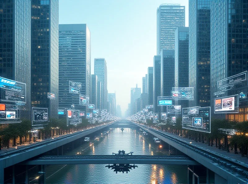 A futuristic cityscape with floating screens displaying search results and AI interfaces, symbolizing the potential evolution of Google Search.