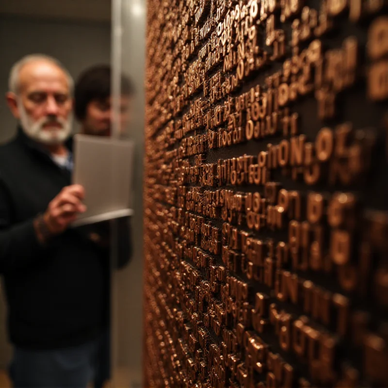 A close-up of Jim Sanborn's Kryptos sculpture, with a blurred background of cryptography enthusiasts trying to decipher the code.
