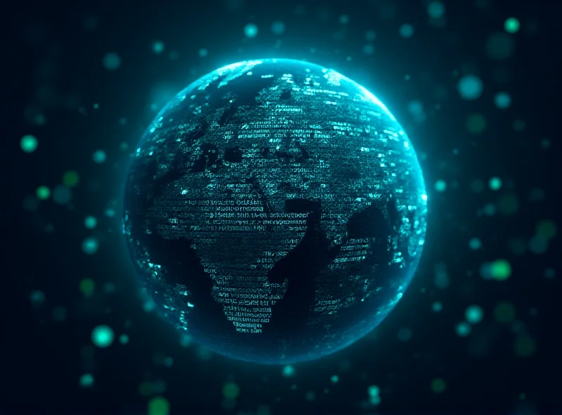 AI generated image of a digital globe with lines of code overlayed, representing cyber threats and disinformation.