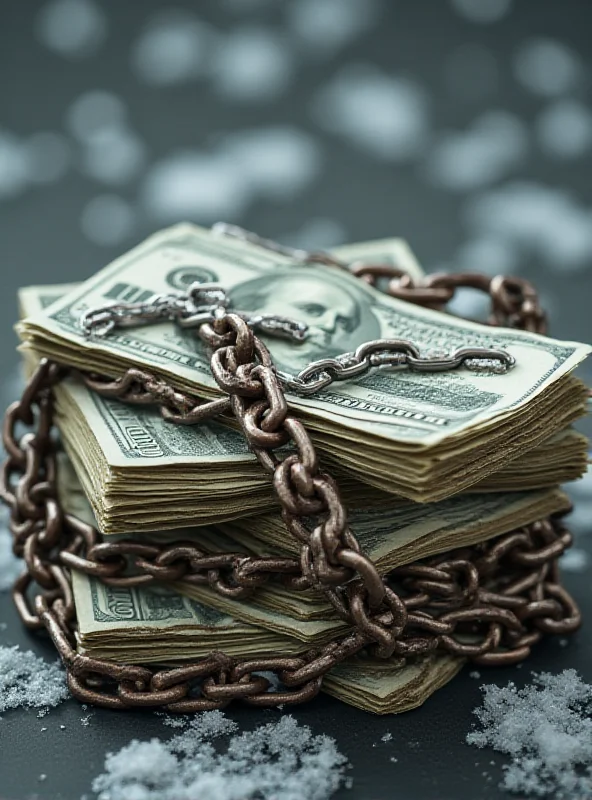 A photo depicting a stack of money with chains wrapped around it, symbolizing frozen assets and financial sanctions.