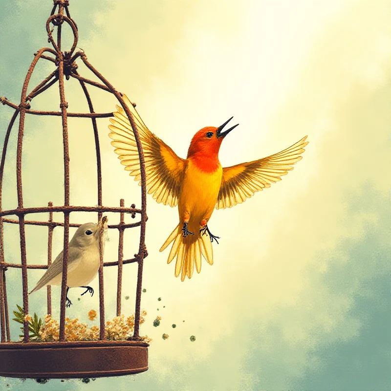 An illustration of a singing bird escaping from a cage, representing freedom of expression.