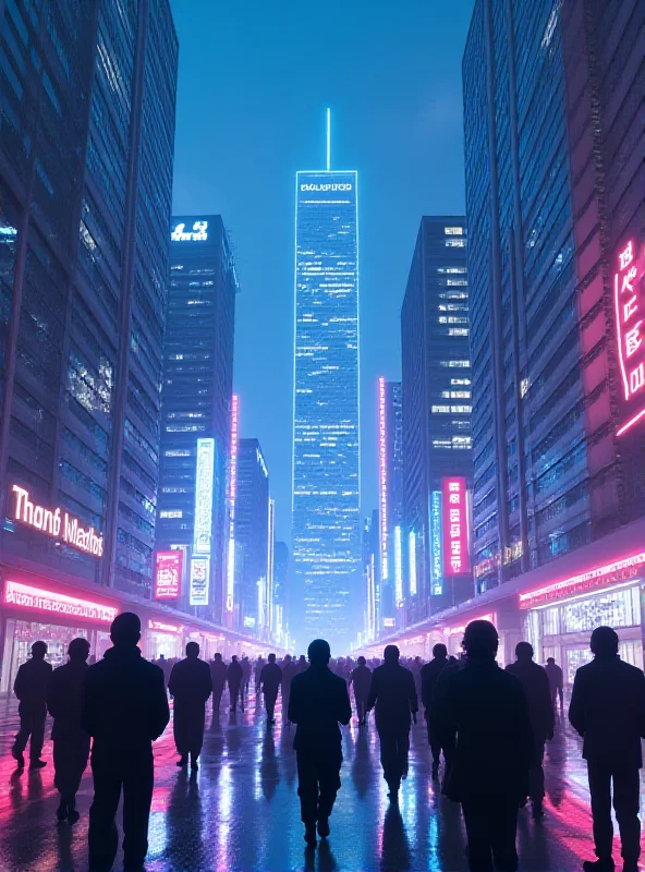 Conceptual image of a futuristic cityscape with AI robots walking around, symbolizing AI development and competition.