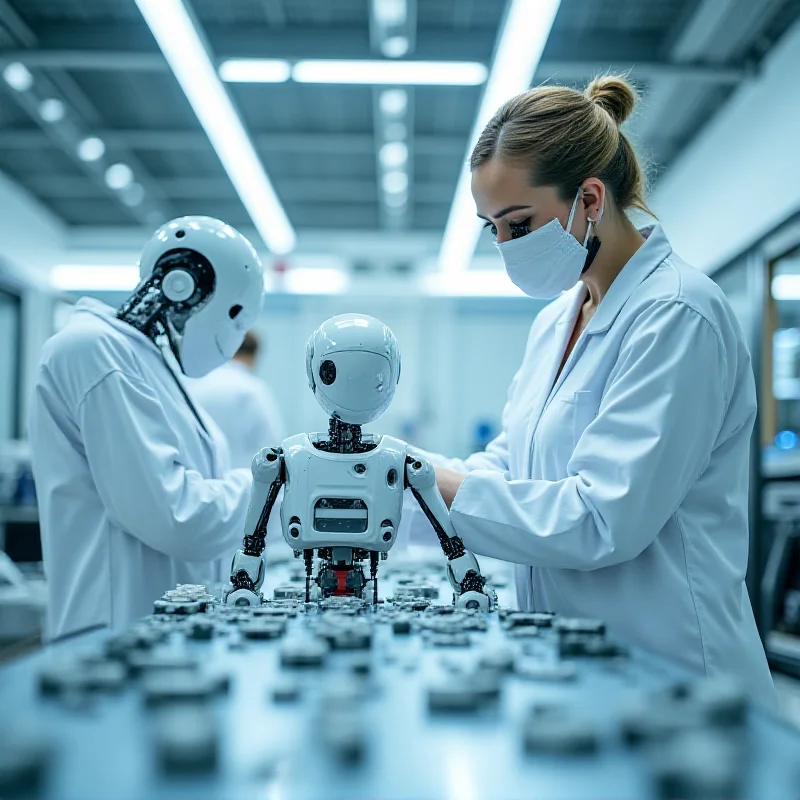 Photograph of humanoid robots being assembled in a factory setting, representing Shenzhen's role as a robotics hub.