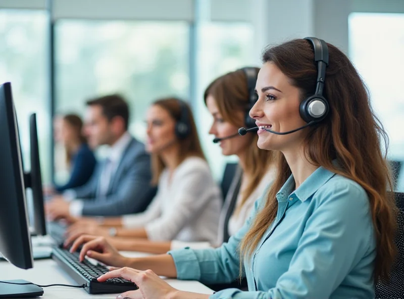 A diverse group of call center agents working at their computers, some wearing headsets, in a bright and modern office environment.