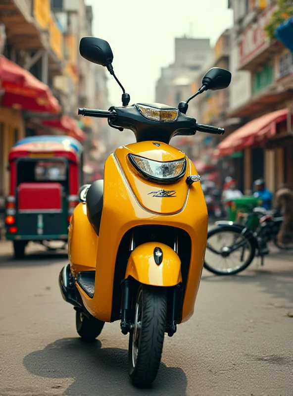 A sleek, modern Ola Electric scooter parked in a bustling Indian street scene. Focus on the scooter's design and the vibrant background.