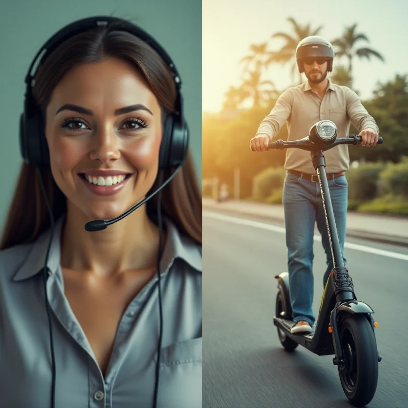 A split image showing on the left a call center agent wearing a headset, and on the right an Ola Electric scooter driving down a sunny road. The background is blurred and abstract.