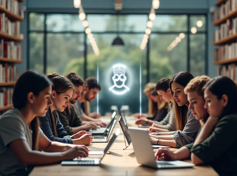 A diverse group of students studying in a modern university library, some using laptops, with a subtle AI assistant icon hovering above them.
