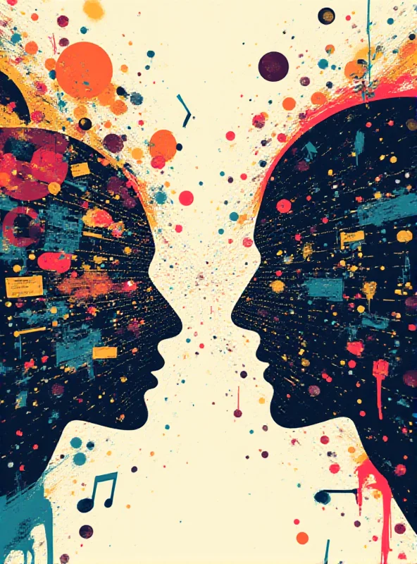 A stylized graphic representing the conflict between human creativity and artificial intelligence, with musical notes and paintbrushes clashing against binary code.