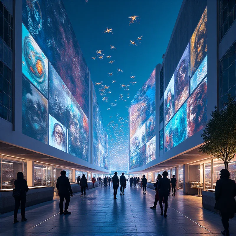 A futuristic cityscape with holographic projections of artwork and educational materials, symbolizing the integration of AI into daily life.