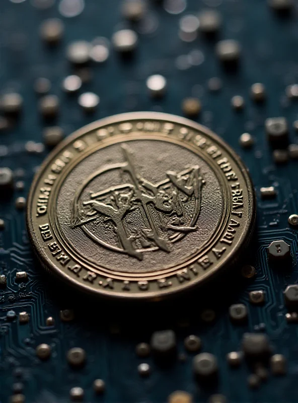 Close up shot of a Solana coin with a circuit board background.