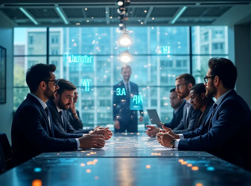 A diverse group of finance professionals collaborating around a table with holographic AI interfaces.