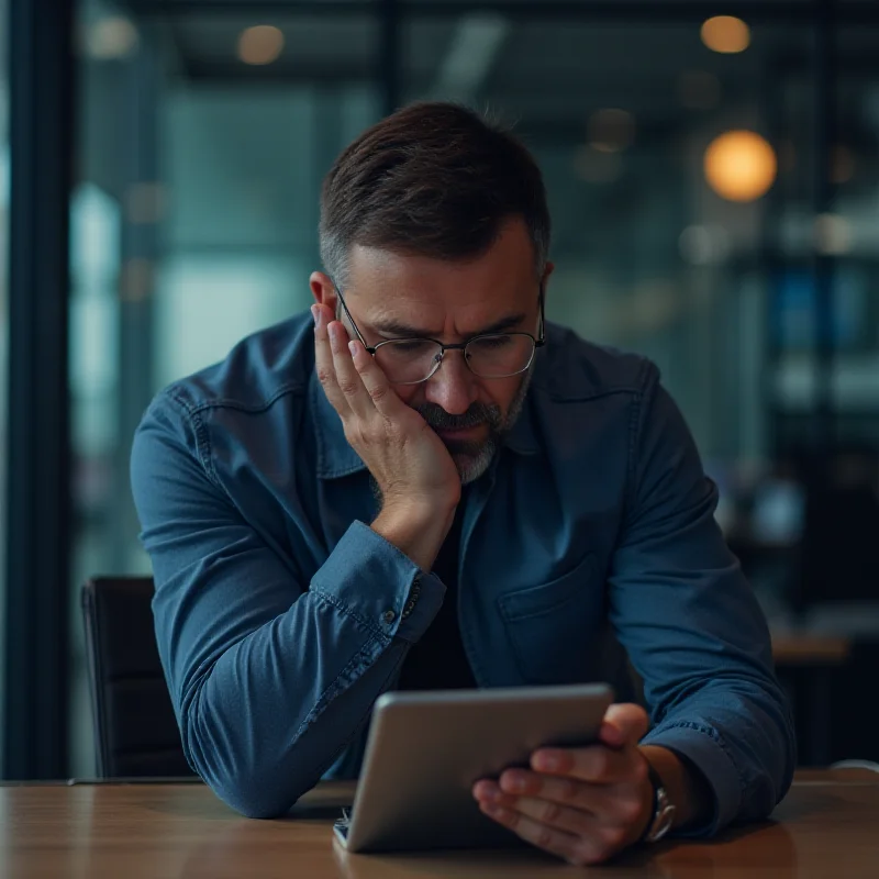 A person looking at a stock market chart on a tablet, pondering investment decisions.