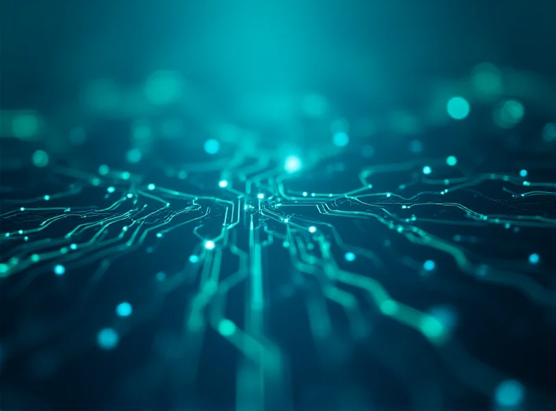Abstract image of a circuit board with glowing lines representing data flow and AI.