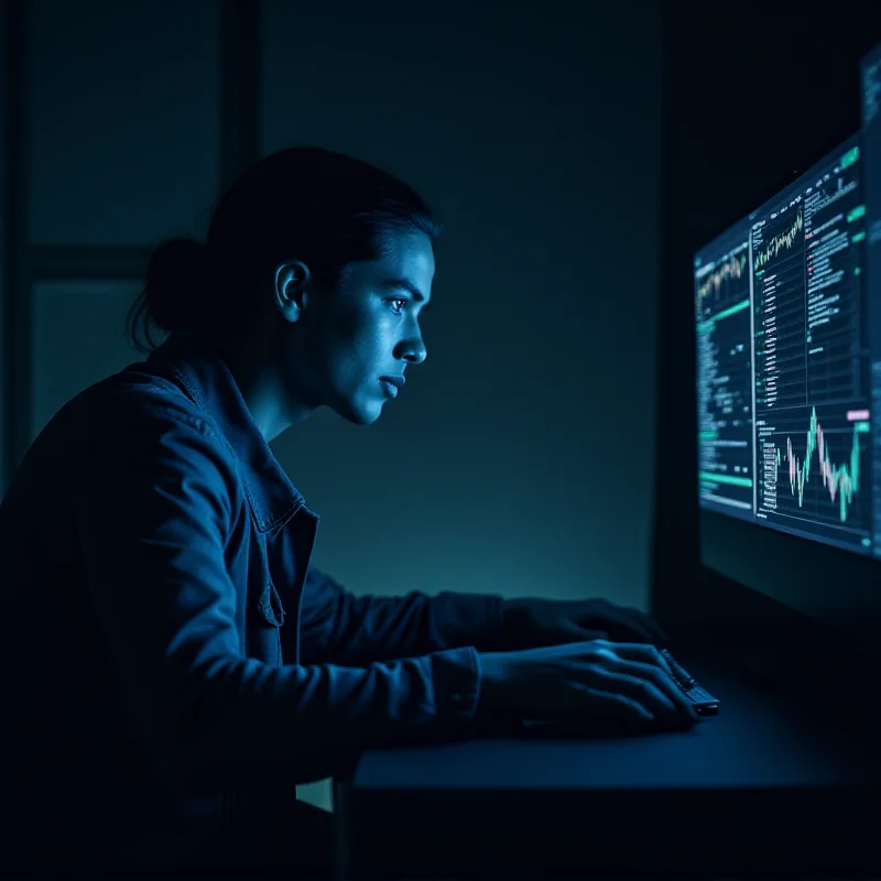 A person looking at a computer screen with complex trading charts and graphs displayed. The person is wearing a thoughtful expression.