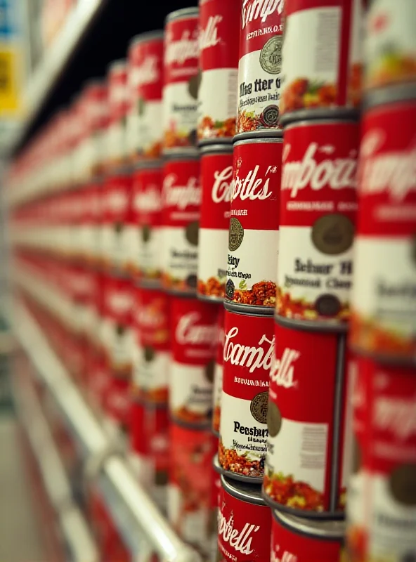 Close-up shot of various Campbell's soup cans stacked on a shelf, with focus on the iconic red and white label.